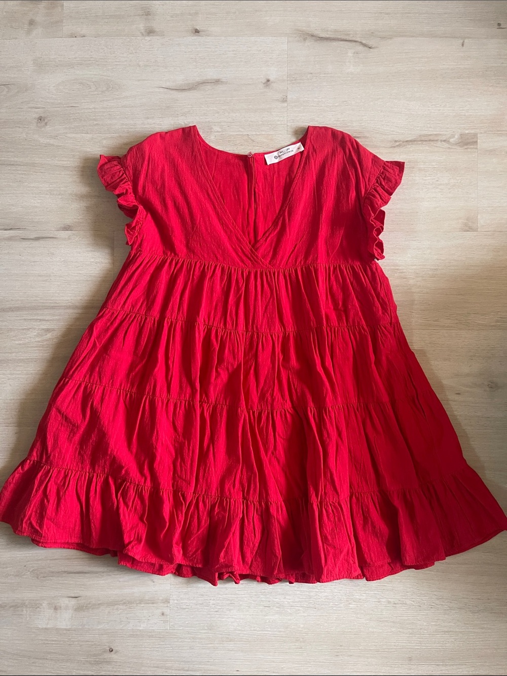 The Impeccable Pig Red Tiered Flutter Sleeve Mini Dress